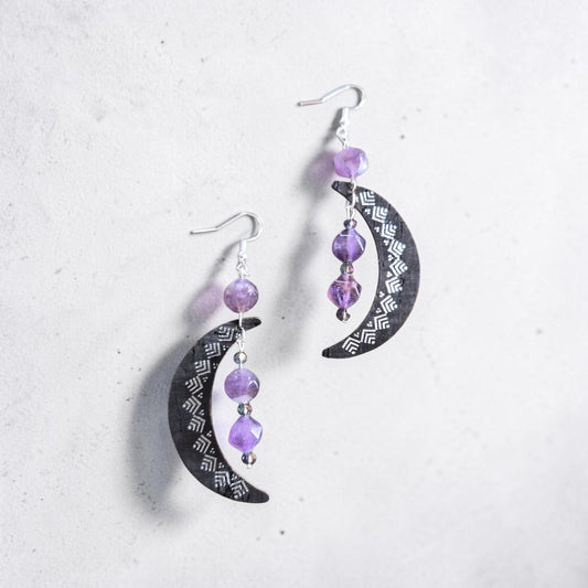 Crescent Moons and Amethyst Bead Upcycled Dangle Earrings