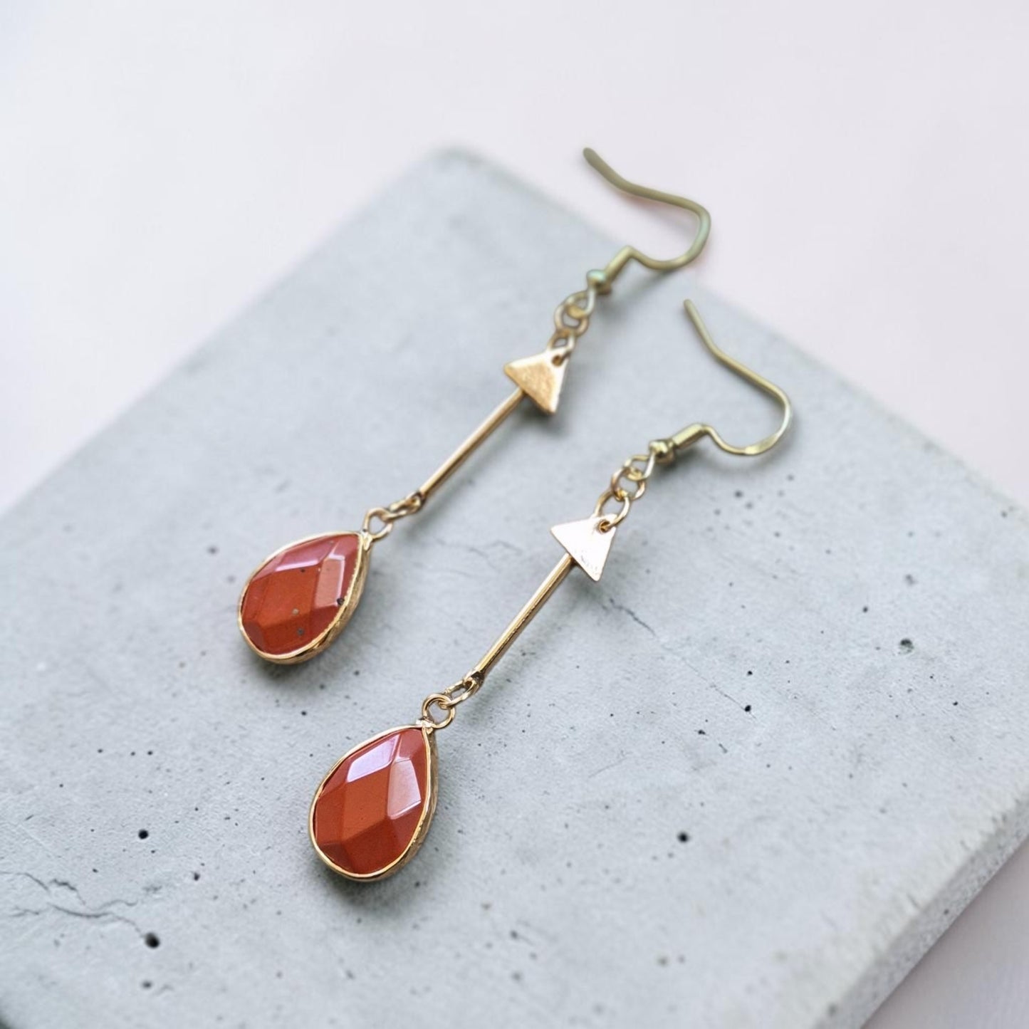 Red Jasper Teardrops on Golden Bars Dangle Earrings