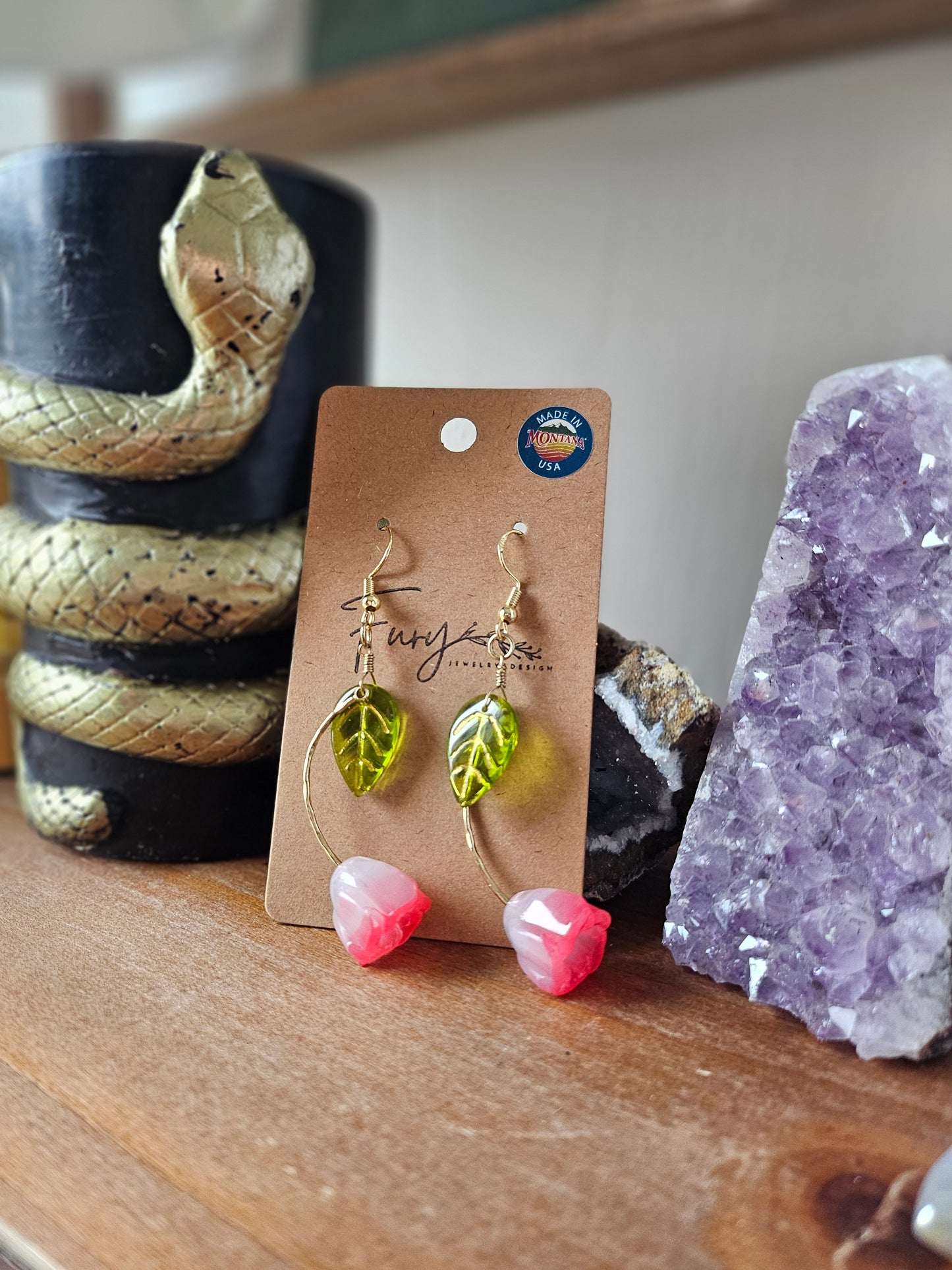 Glass Pink Tulip with Green Leaf Dangle Earrings