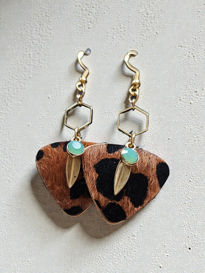 Upcycled Leopard Fir Guitar Pick on Geometric Golden Dangle Earrings
