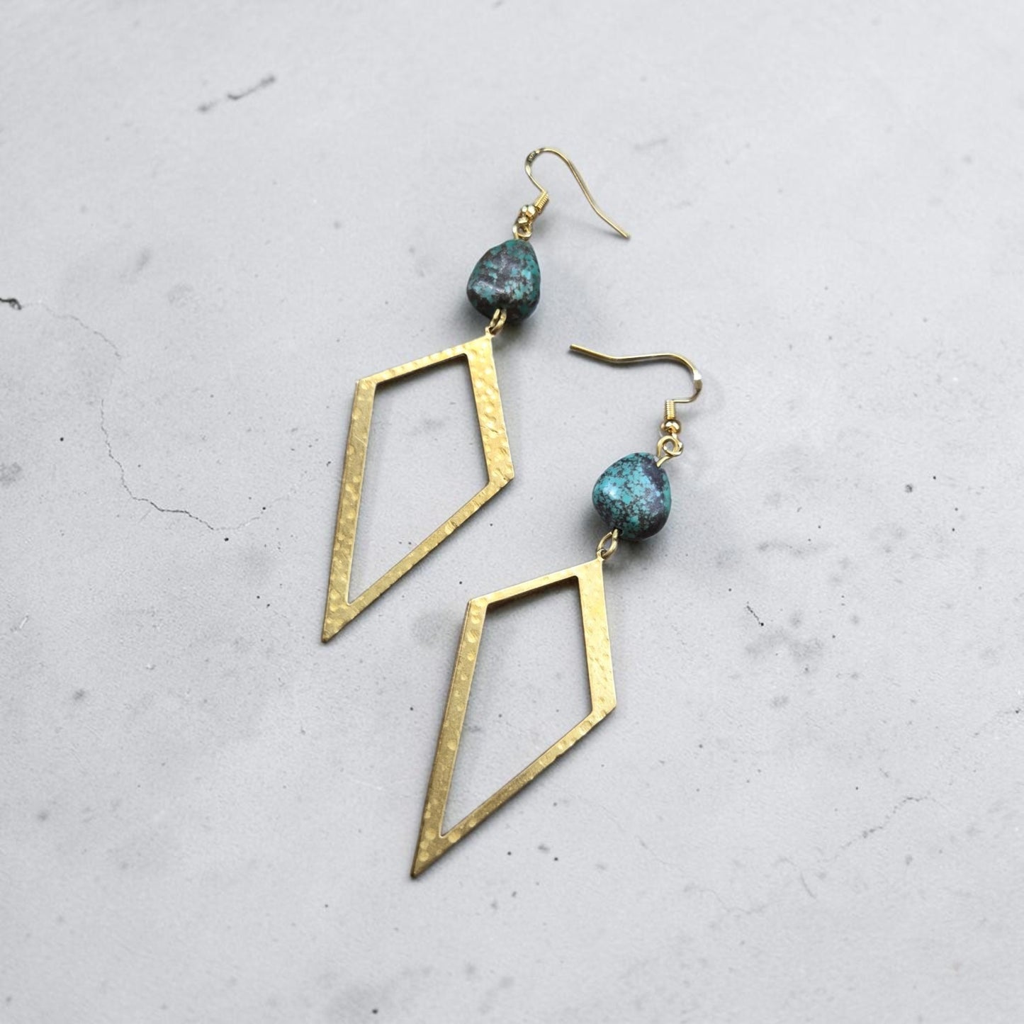 Turquoise Laced Gemstones with Brass Geometric Points Dangle Earrings