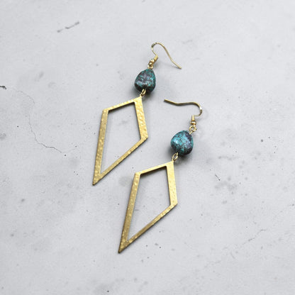 Turquoise Laced Gemstones with Brass Geometric Points Dangle Earrings