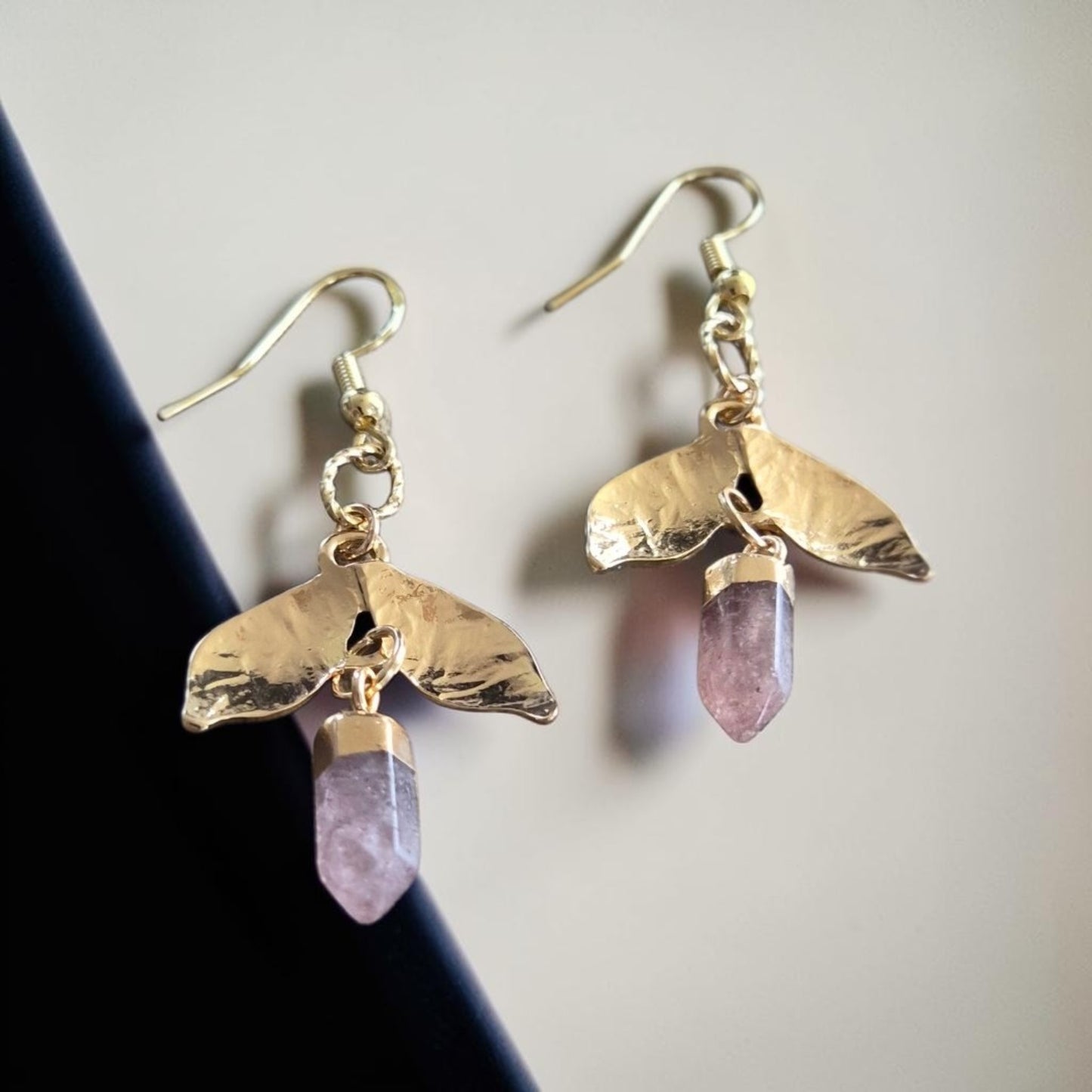 Golden Leaf and Amethyst Crystal Point Dangle Earrings
