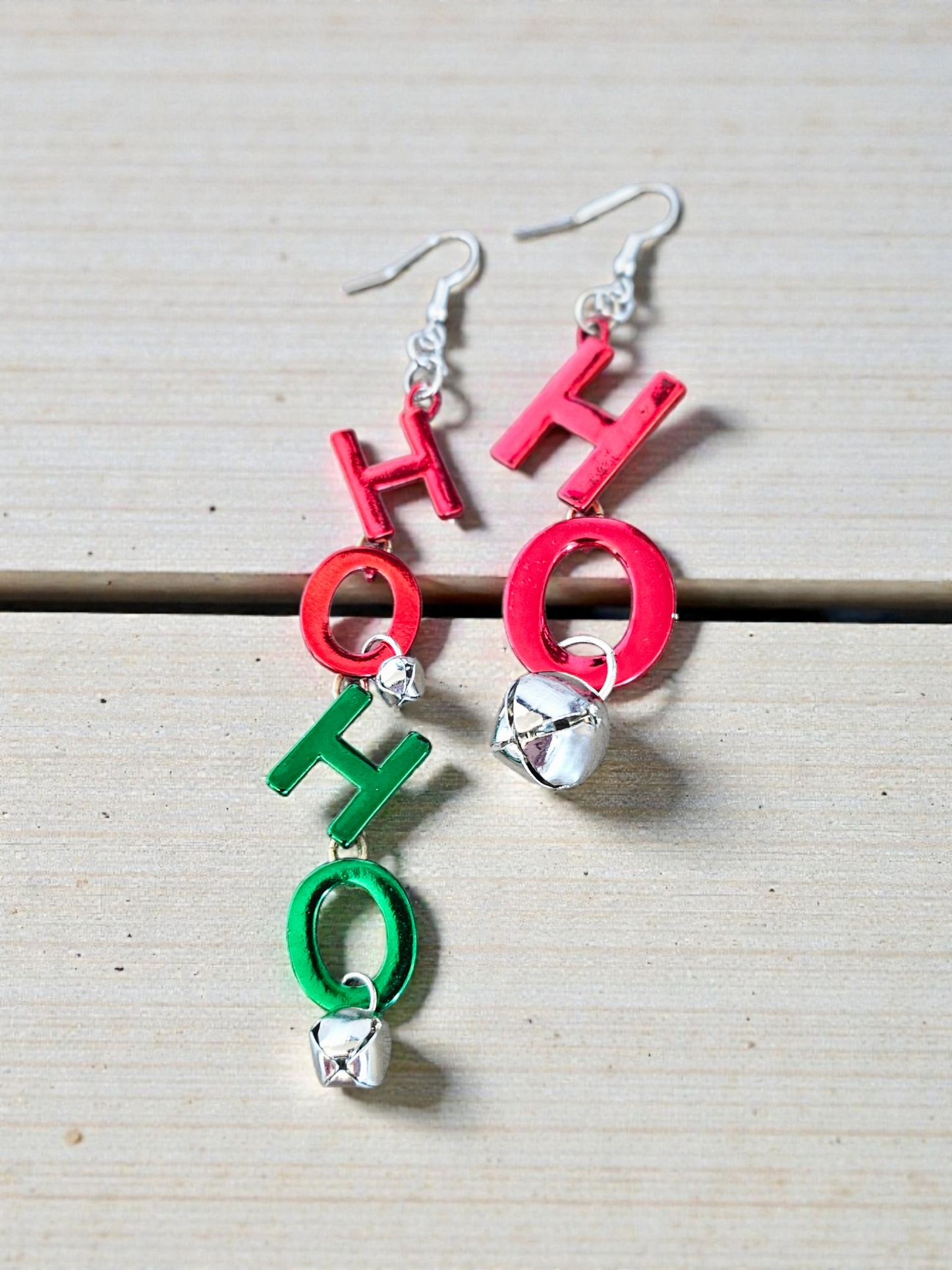 Upcycled Christmas Ho Ho Ho Red and Green Dangle Earrings with Silver Jingle Bells