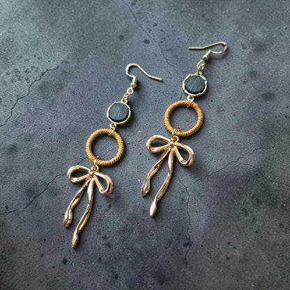 Black, Yellow, and Gold Boho Bow Dangle Earrings