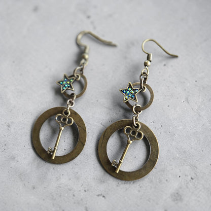 Brass Faerie Keys and Shimmering Stars Upcycled Dangle Earrings