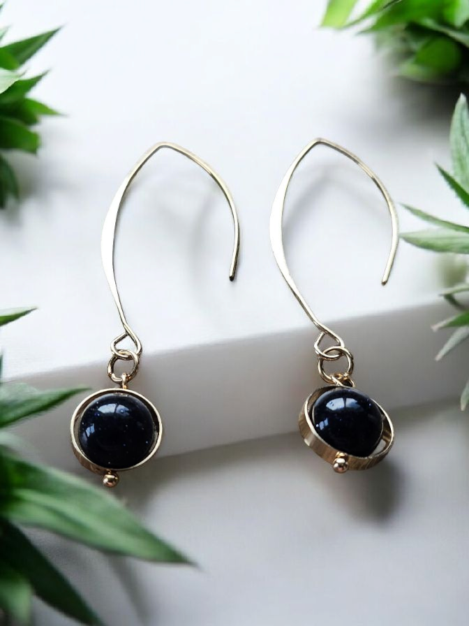 Black Shimmer Globes on Gold Dangle Earrings
