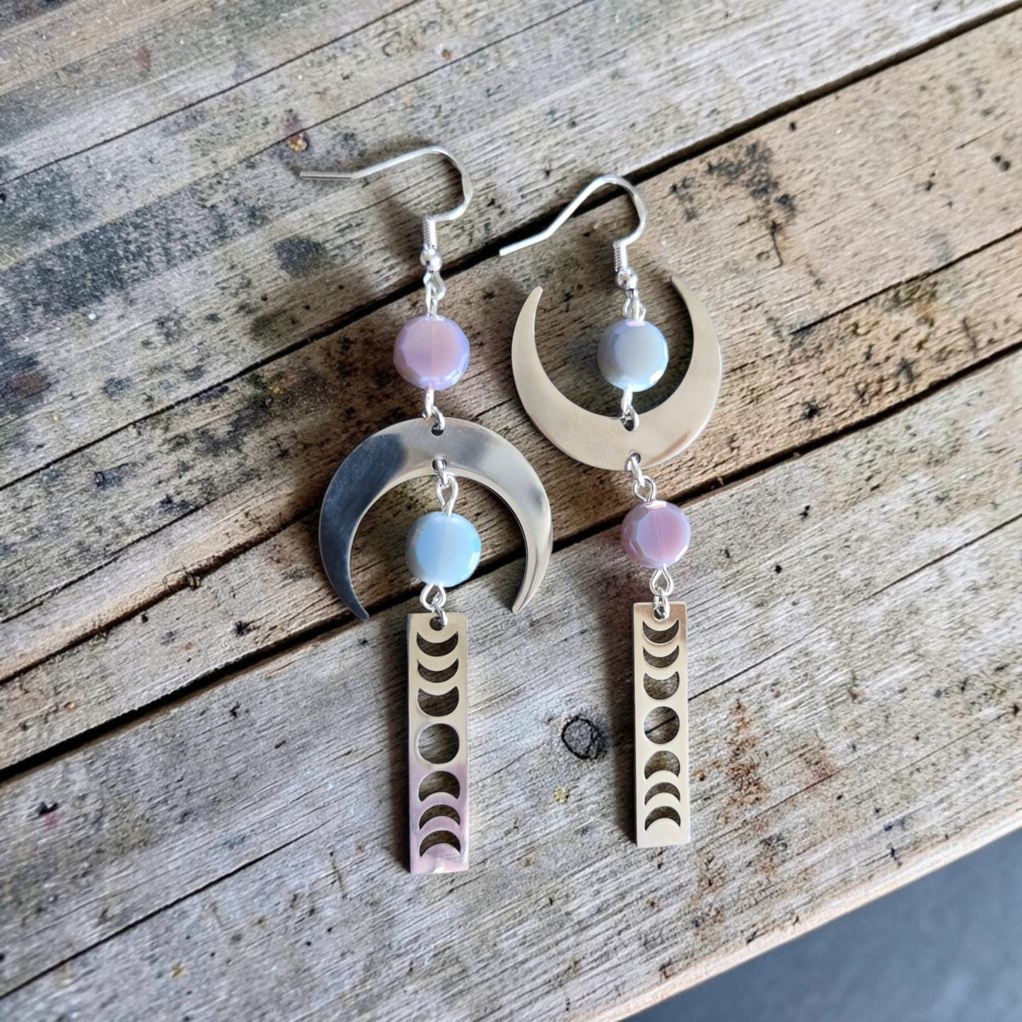 Asymmetrical Silvery Stages of the Moon Dangle Earrings