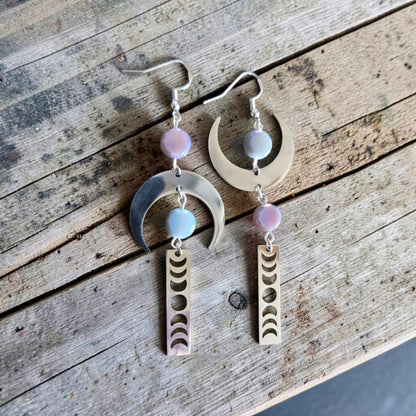 Asymmetrical Silvery Stages of the Moon Dangle Earrings