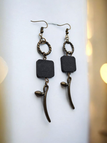 Upcycled Black Wood and Bronze Spring Flower Dangle Earrings