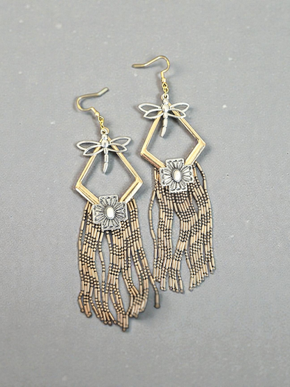 Upcycled Silvery Dragonflies on Golden Geometric Tassels Dangle Earrings