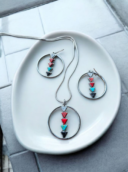 Teal Multicolor Triangles Necklace and Earrings Set