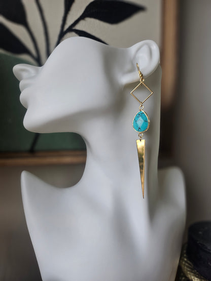 Teal Marbled Gemstone on Geometric Dangle Long Earrings