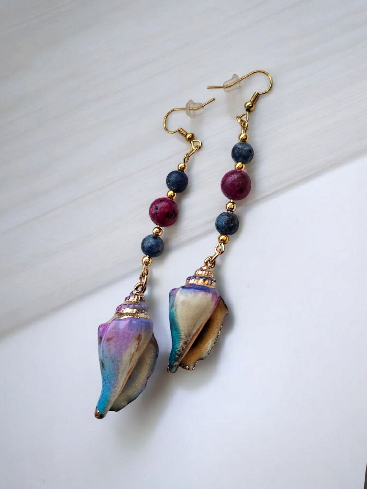 Purple and Blue Seashell Long Dangle Earrings