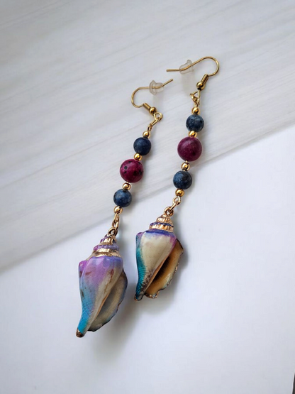 Purple and Blue Seashell Long Dangle Earrings