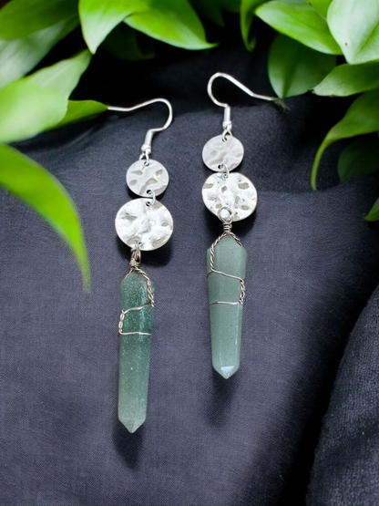 Hammered Silver Circles with Large Aventurine Crystal Points Long Dangle Earrings