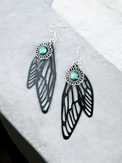 Black Moth Wings with Iridescent Circle Charms Dangle Earrings