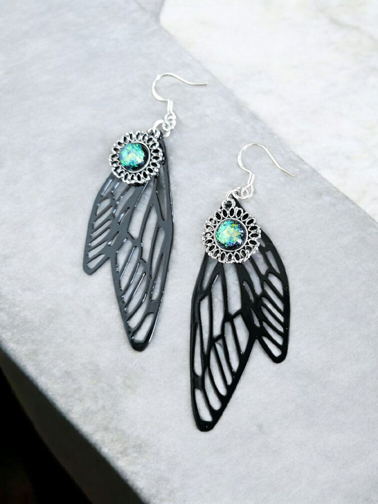 Black Moth Wings with Iridescent Circle Charms Dangle Earrings