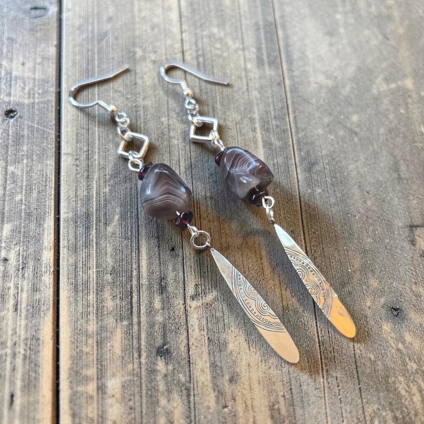Purple Brazilian Agates with Upcycled Silver Drops Dangle Earrings