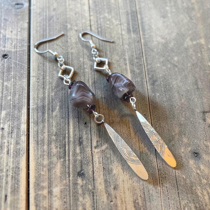 Purple Brazilian Agates with Upcycled Silver Drops Dangle Earrings
