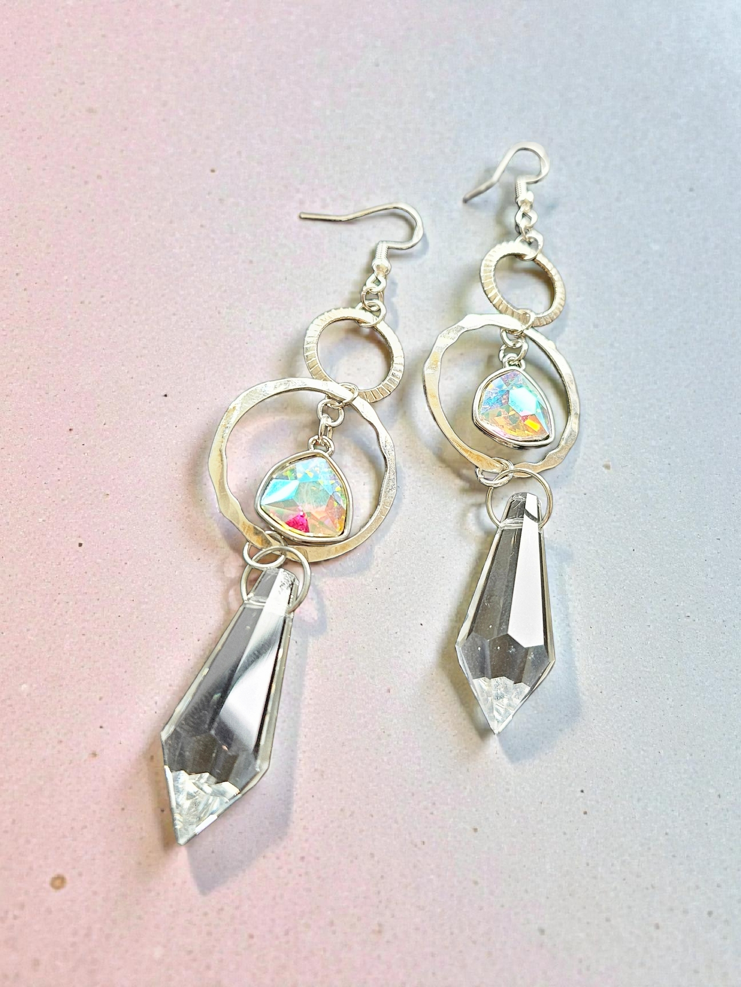 Upcycled Silver Stacked Circles with Iridescent Charms and Sun Catcher Dangle Earrings