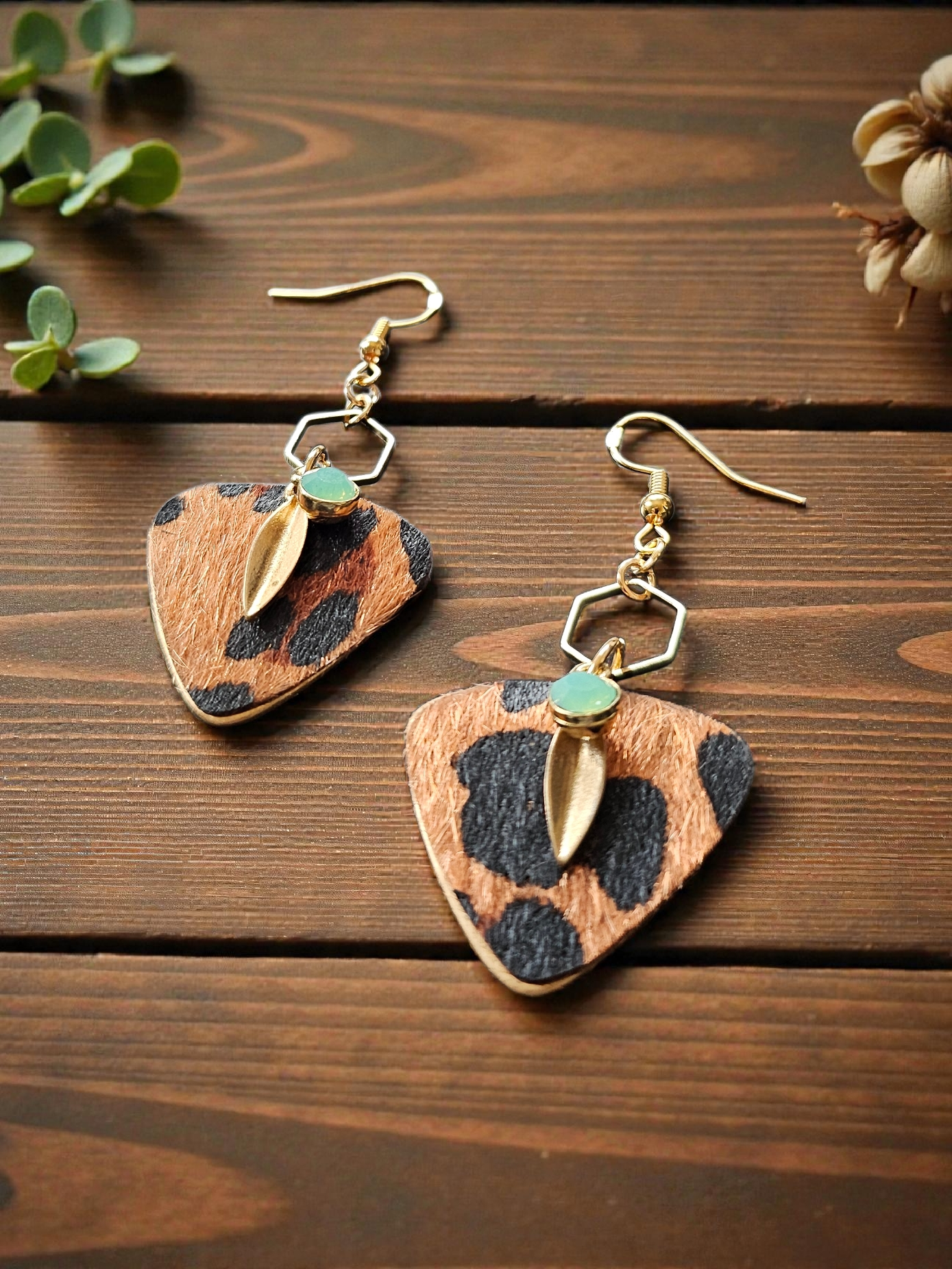 Upcycled Leopard Fir Guitar Pick on Geometric Golden Dangle Earrings