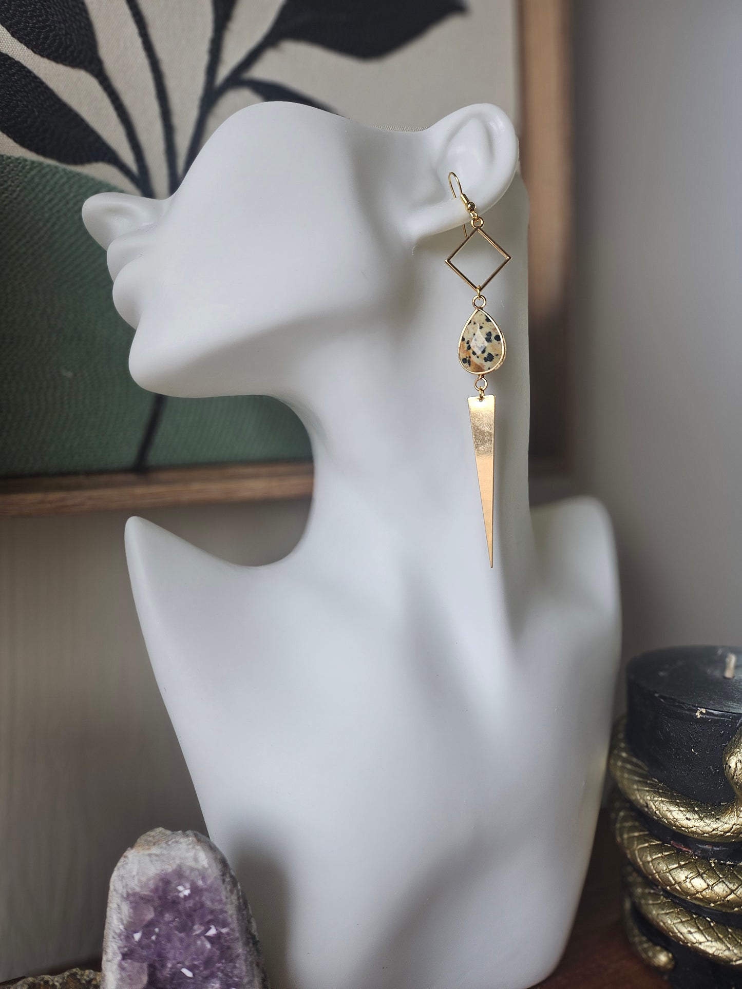 Dalmatian Jasper Gemstone on Geometric Dangle Long Earrings