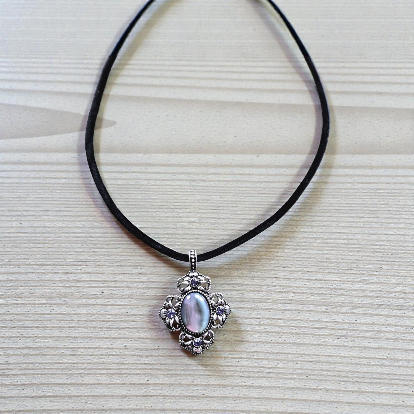 Iridescent Purple and Silver Pendant on Black Velvet Necklace