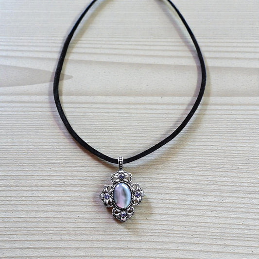 Iridescent Purple and Silver Pendant on Black Velvet Necklace