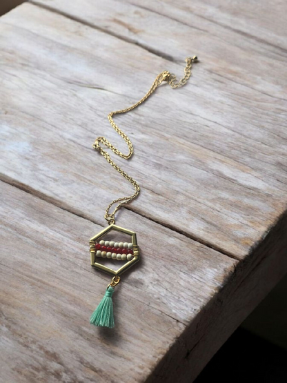 Red White and Teal Beads and Tassles Gold Necklace