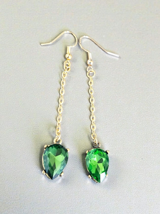 Sparkling Green Gems on Golden Drop Chains Dangle Earrings