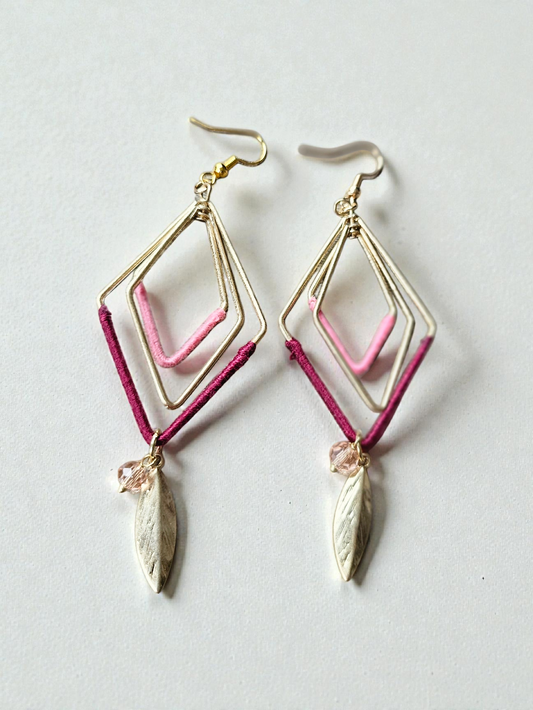 Upcycled Geometric Diamonds with Pink Threading and Golden Leaf Drops Dangle Earrings