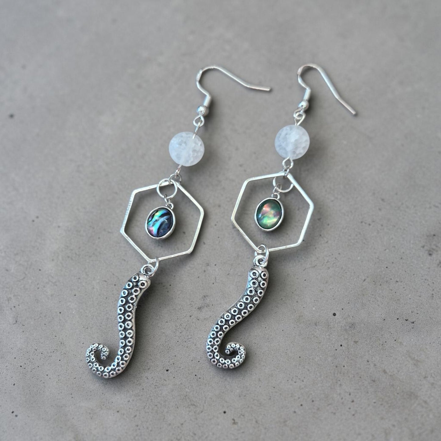 Silver Tentacles with Abalone Charm Dangle Earrings