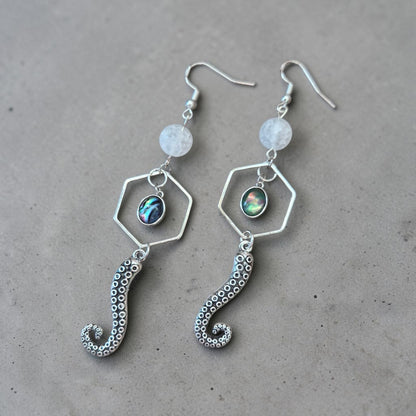 Silver Tentacles with Abalone Charm Dangle Earrings