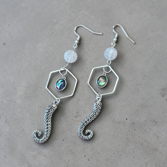 Silver Tentacles with Abalone Charm Dangle Earrings