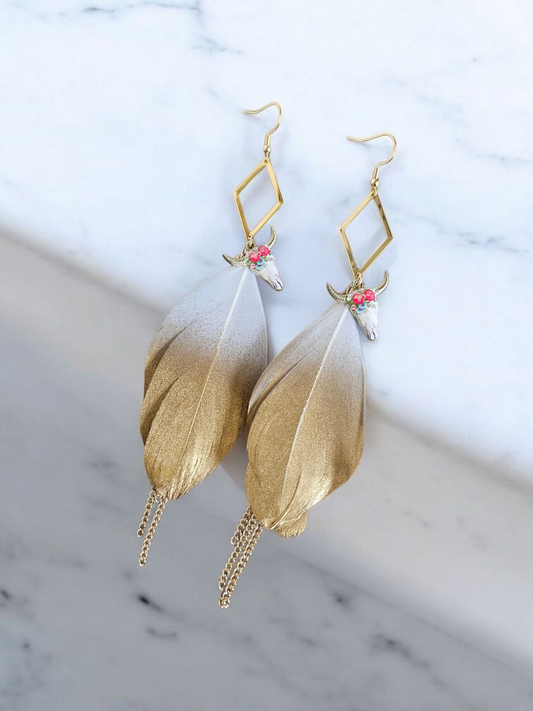 Bull Skulls with Gold and White Feathers Dangle Earrings
