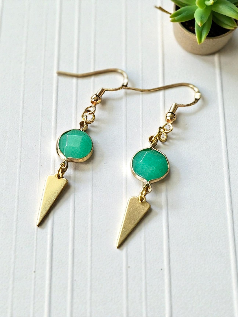 Upcycled Dainty Brass Geometric Drops with Emerald Charm Dangle Earrings