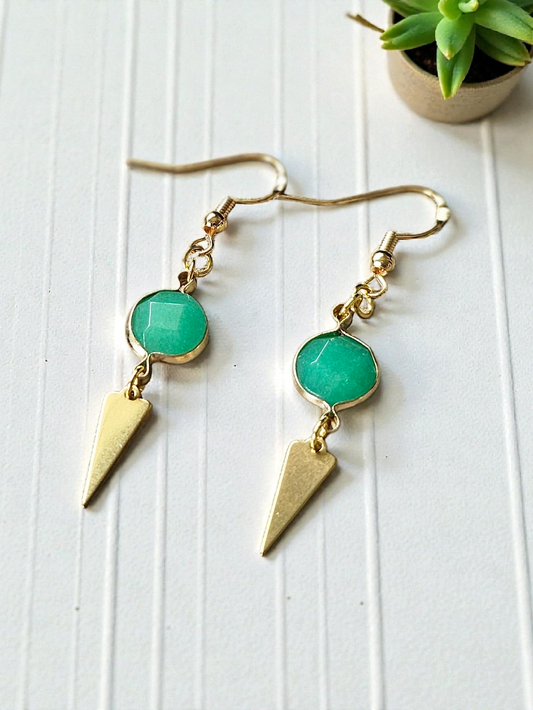 Upcycled Dainty Brass Geometric Drops with Emerald Charm Dangle Earrings