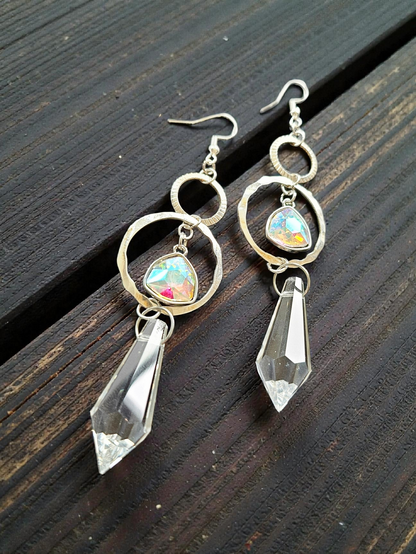 Upcycled Silver Stacked Circles with Iridescent Charms and Sun Catcher Dangle Earrings
