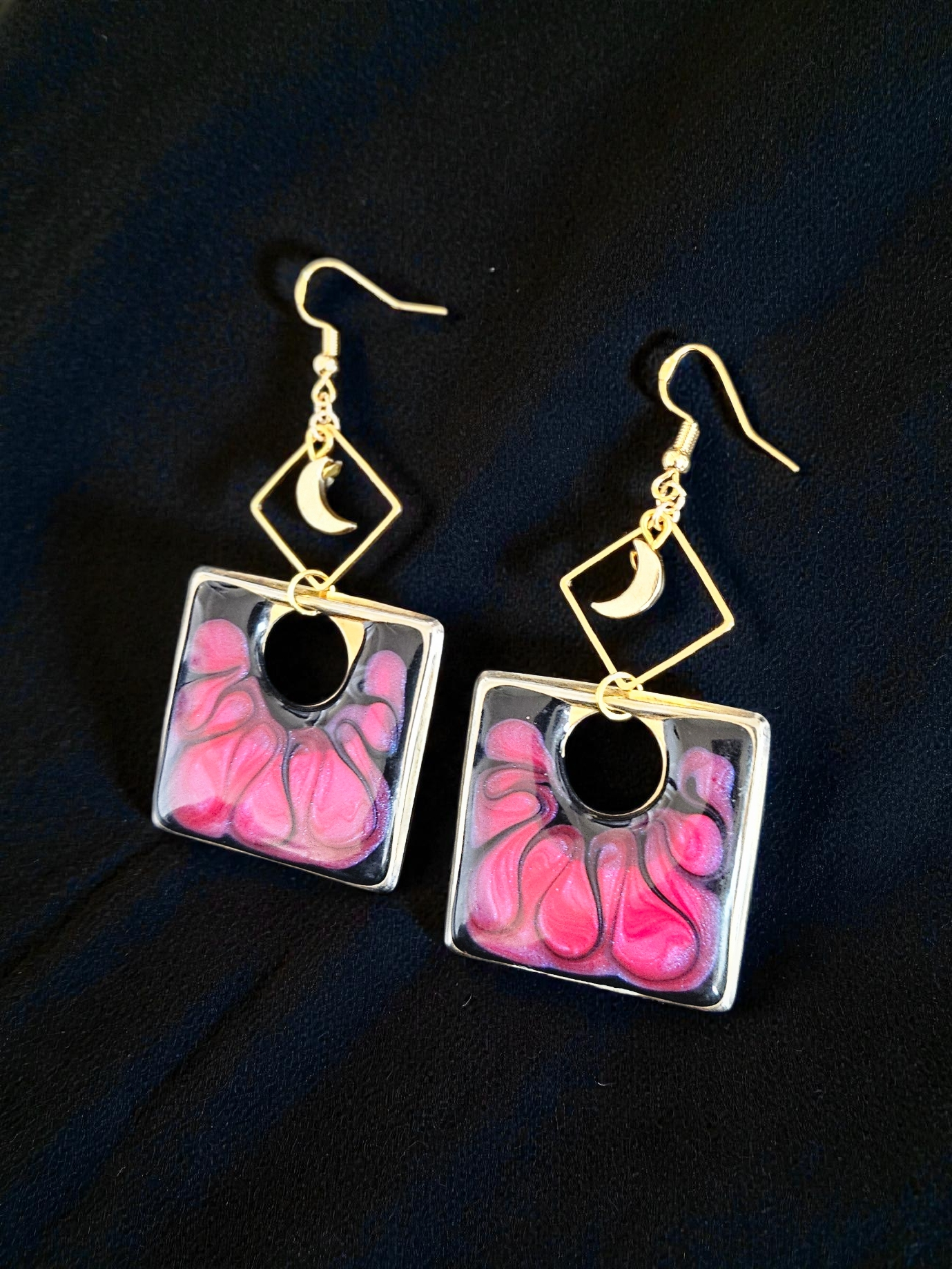 Upcycled Geometric Watercolor Dangle Earrings with Crescent Moon Charms