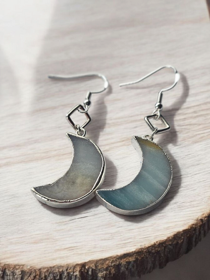 Silver Wrapped Rough Moonstone Moon Dangle Earrings