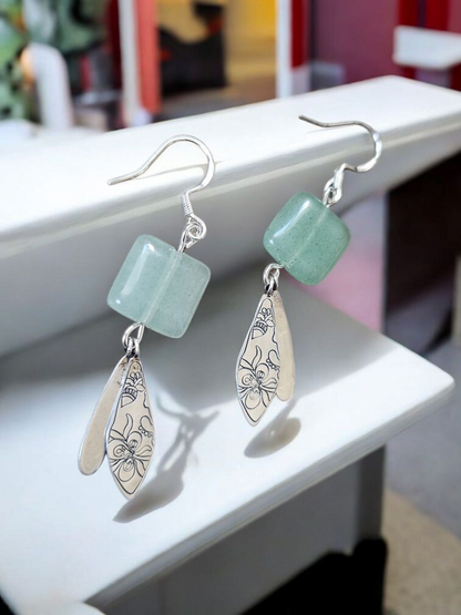 Upcycled Square Aventurine Gemstone with Silver Charms Petite Dangle Earrings