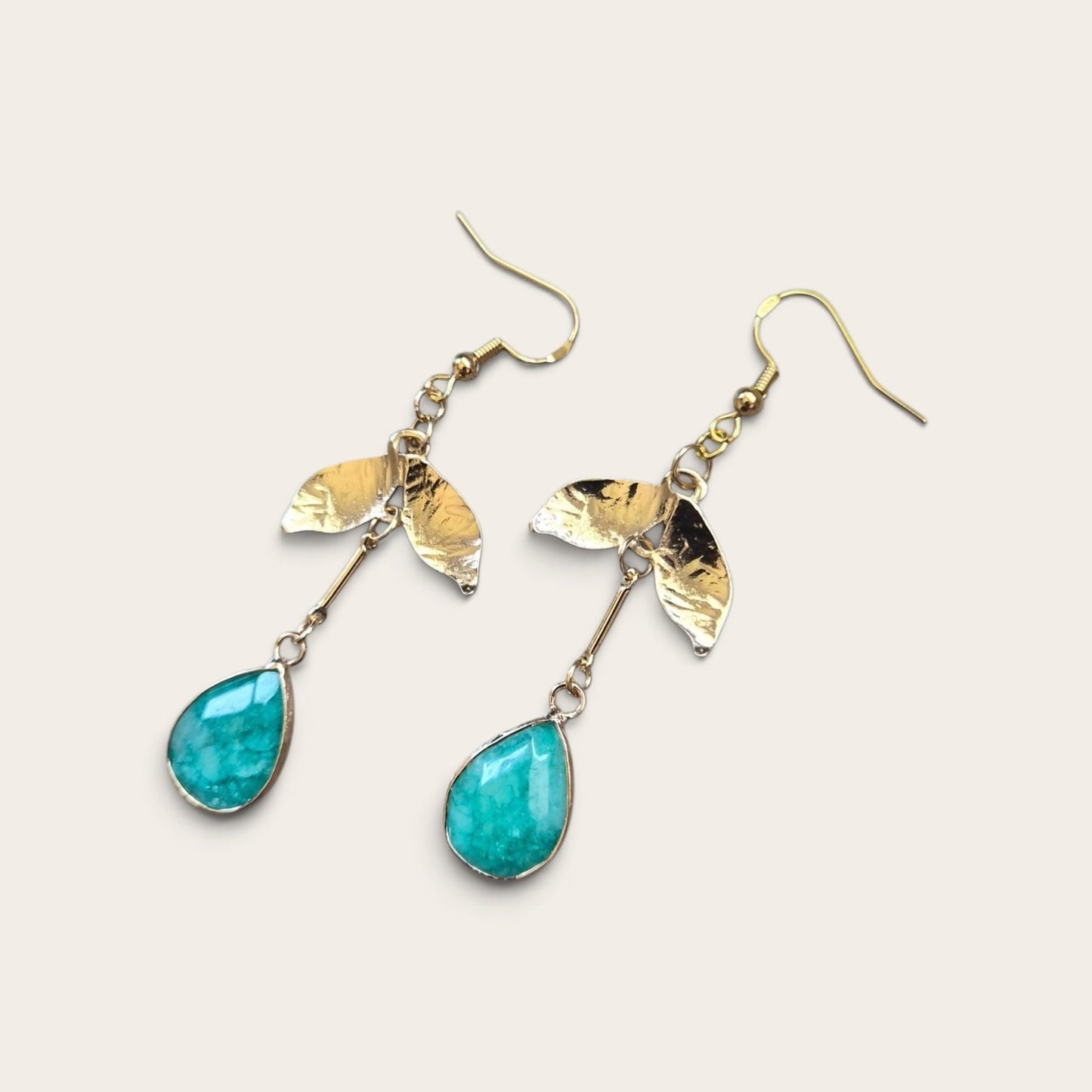 Blue Apatite Teardrops on Golden Leaves Dangle Earrings