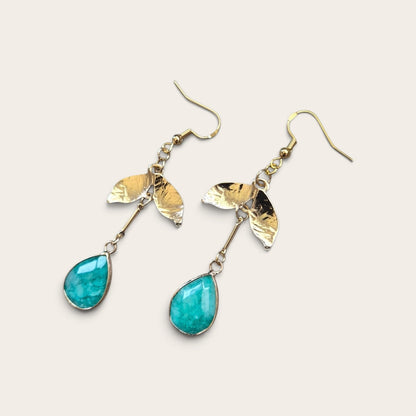 Blue Apatite Teardrops on Golden Leaves Dangle Earrings