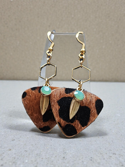 Upcycled Leopard Fir Guitar Pick on Geometric Golden Dangle Earrings