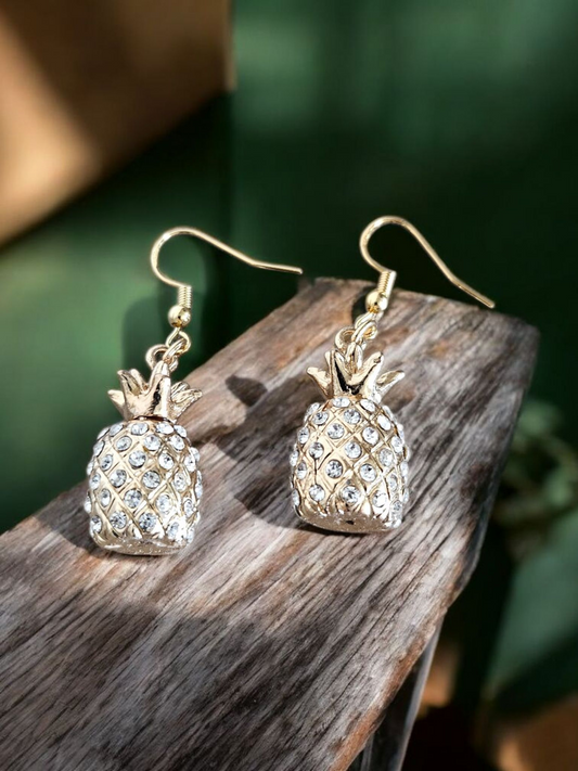 Rhinestone Encrusted Golden Pineapple Dangle Earrings
