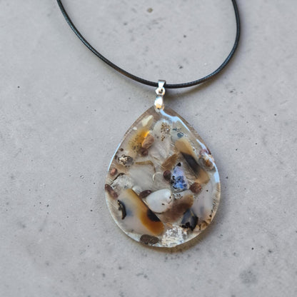 Tumbled Montana Moss Agate in Teardrop Resin Pendant on Black Leather Necklace