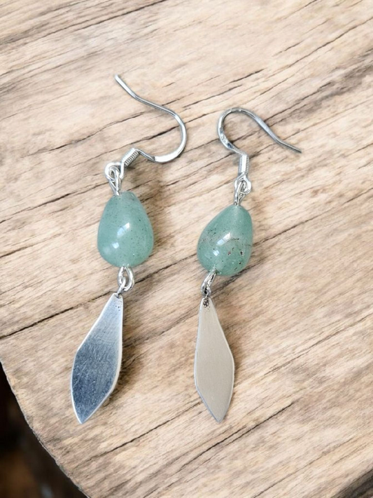 Upcycled Aventurine Gemstone with Silver Charm Petite Dangle Earrings