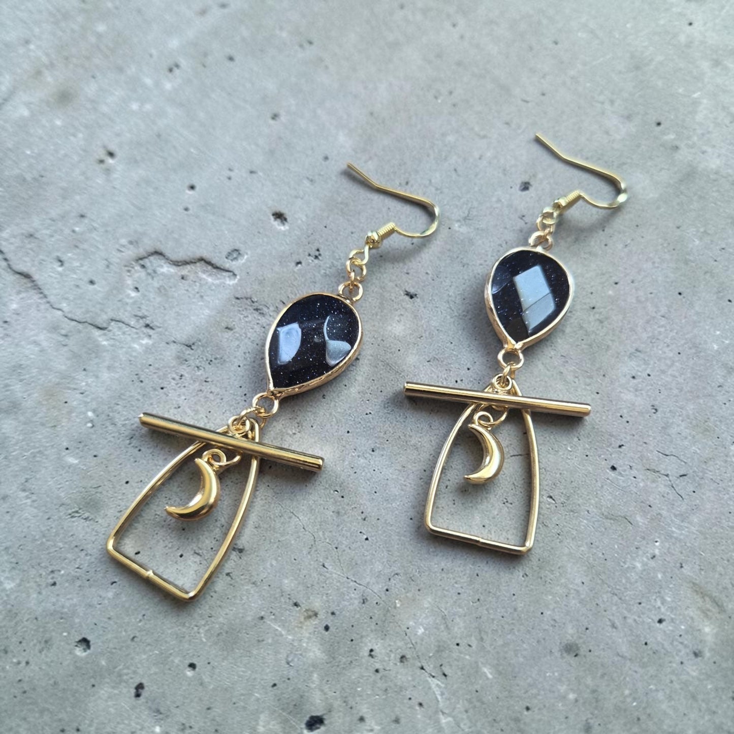 Blue Goldstone with Golden Geometric Shapes Dangle Earrings