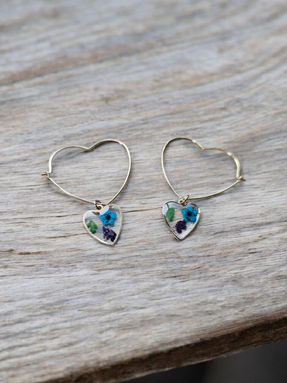 Pressed Flower Hearts on Gold Heart Hoops